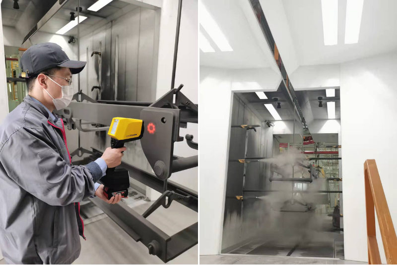 凯傲叉车利用涂魔师在产线上测未固化涂层，调整出粉量，使产品涂层厚度快速调整到合格范围内